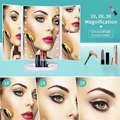 Espejo De Belleza Tocador Plegable De Tres Caras Con Luz Led Blanco