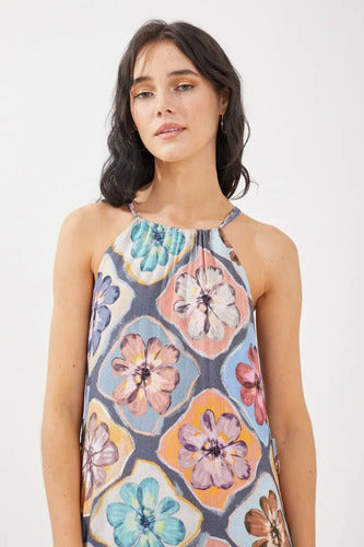 Vestido Largo Escote Halter Rimmel Azul Petróleo Floreado S