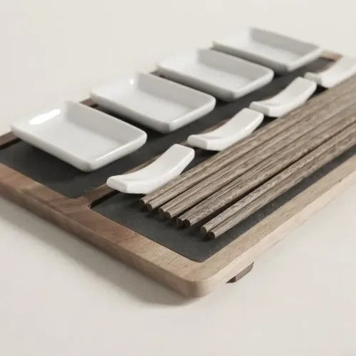 Set De Sushi Para 4 Madera Acacia Laja Blanco 31,5x20 Cm