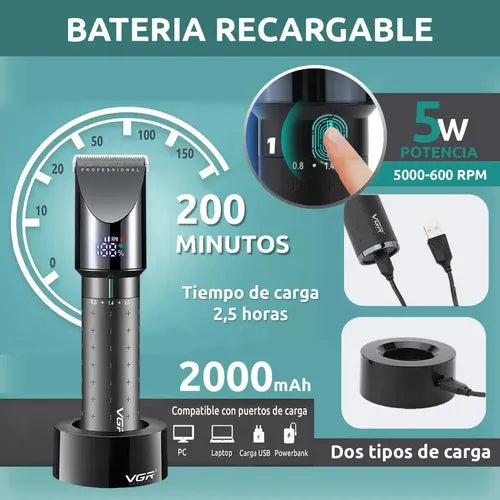 Máquina de Corta Pelo VGR V698 LED USB Turbo Negro y Verde · 16540 · foto 03