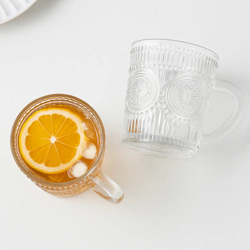 Set X2 Tazas Vidrio Labrado Arabesco 250 Ml Vajilla Vintage