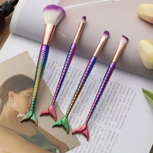 Set De 4 Brochas Para Maquillaje De Ojos Y Rostro Con Diseño Sirena Turquesa
