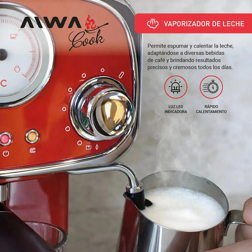 Cafetera Espresso Estilo Vintage Aiwa 1,25 L Con Vaporizador Color Rojo