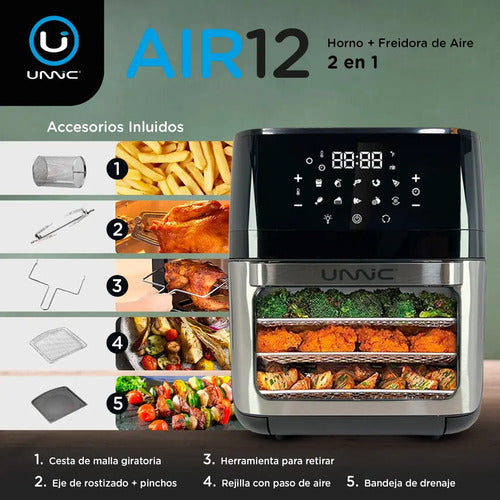 Freidora De Aire Sin Aceite Horno 12 L Digital Spiedo Unnic Color Negro