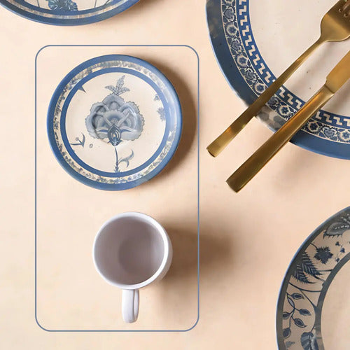 Taza Y Plato X6 Cerámica Gres Blanco Tiza Estampa Azul Taza