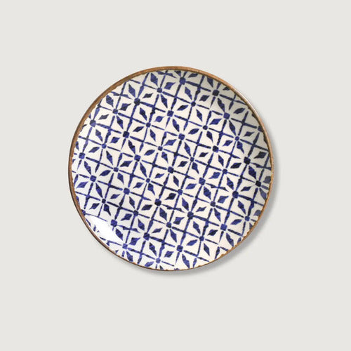 Platos Postre X6 Cerámica Beige C/deco Azteca Azul 20,5cm