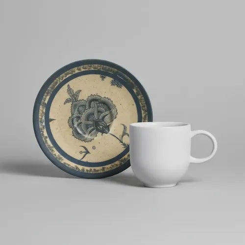 Taza Y Plato X6 Cerámica Gres Blanco Tiza Estampa Azul Taza