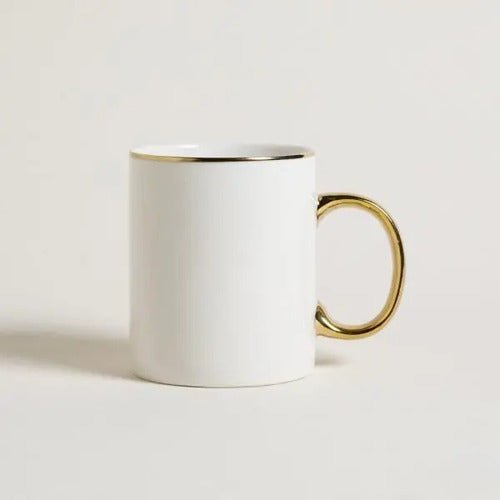 Mug Recto Cerámica 330ml Blanco Asa Y Borde Dorado Mishka