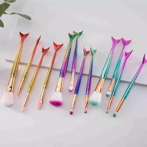 Set De 4 Brochas Para Maquillaje De Ojos Y Rostro Con Diseño Sirena Turquesa