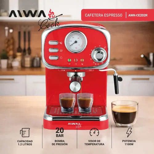 Cafetera Espresso Estilo Vintage Aiwa 1,25 L Con Vaporizador Color Rojo