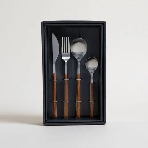 Set Cubiertos 16 Piezas Plateado Mango Símil Madera Lujo Plateado