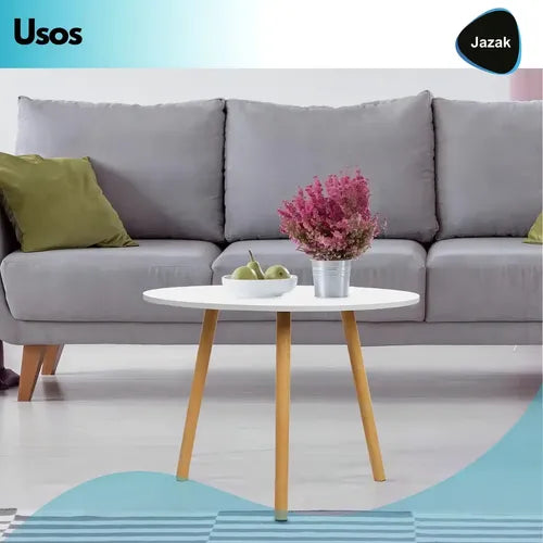 Mesa Auxiliar Ratona Jazak / Redonda / Blanca Nórdica / Patas Madera / Living Comedor Sala Café / Diseño Elegante / Moderna Minimalista / Mide 60x48cm / Mesa De Centro Arrime / Fácil Armado Blanco
