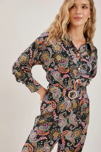 Enterito Mono Largo Mujer Seda Estampada Maika Rimmel Negro