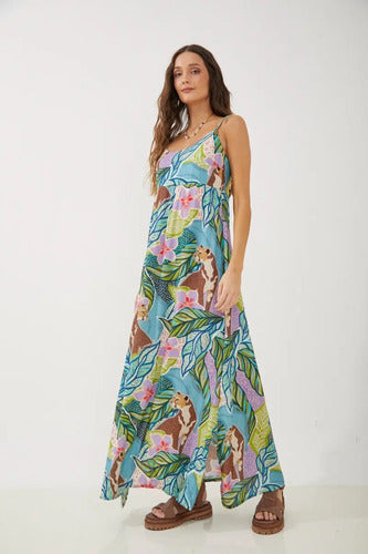 Vestido Largo Estampada Floreado Breteles Rimmel Verde
