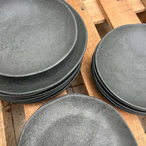 Plato Hondo Cerámica Gres 21,2cm Gris Oscuro Simil Piedra X6