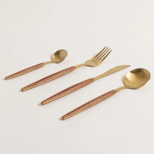 Set Cubiertos 16 Piezas Dorado Mango Símil Madera Lujo