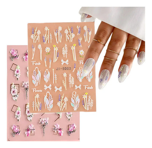 2 Stickers Adhesivos Para Uñas 5d - Nail Art Flores 04 Foreal
