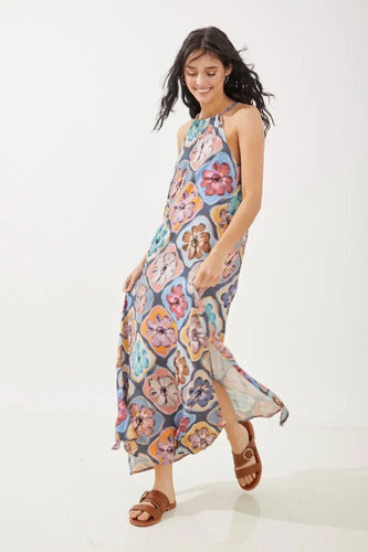Vestido Largo Escote Halter Rimmel Azul Petróleo Floreado L