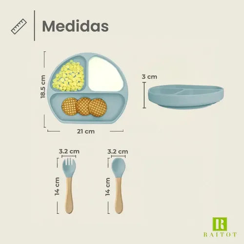 Set Cubiertos Alimentacion Bebe Silicona Plato Ventosas Color Celeste