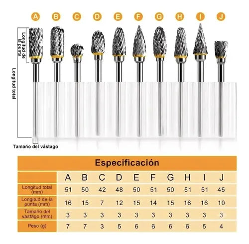 Set x 10 Mechas Fresas Rotativas Carburo de Tungsteno XtraLink · 15958 · foto 03