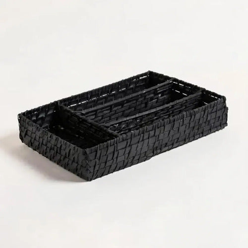 Cubiertero Bamboo Y Rattan Organizador Cubiertos 35 X 25 Cm Negro