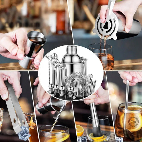 Kit Bartender Set Barman Tragos Coctelera Bebidas Acero Inoxidable Con Soporte Oruga Sorbetes Cuchara Jigger Medidor Pison Machacador Pico Vertedor Abridor Levys Bazar