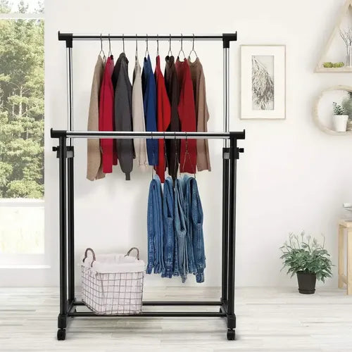 Perchero Shoppy Doble Barral Para Perchas Movil Con Estante Negro