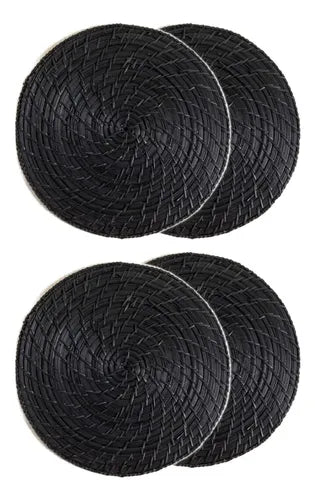 Set X4 Centro De Mesa Individuales Redondo Madera Bambo 34cm Negro Vinh Negro