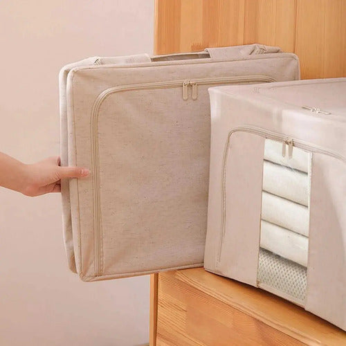 Caja Canasto Organizador Xl Con Cierre Organización Frazada Acolchado Beige Craco