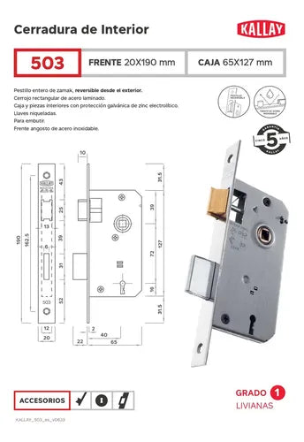 Cerradura Manual Kallay 503 Níquel Frente Recto Puerta Interior