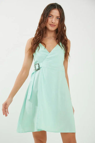 Vestido Corto De Lino Hebilla Cruzada Escote V Rimmel Verde