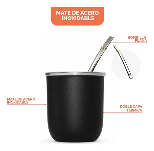 Combo Set Termo Mate Acero + Bombilla Diseño Rosa