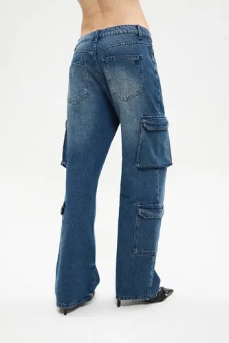 Jean Cargo Acid Con Bolsillos Ancho Chermix Mujer Algodon