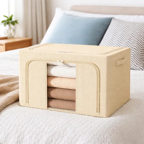 Caja Canasto Organizador Xl Con Cierre Organización Frazada Acolchado Beige Craco
