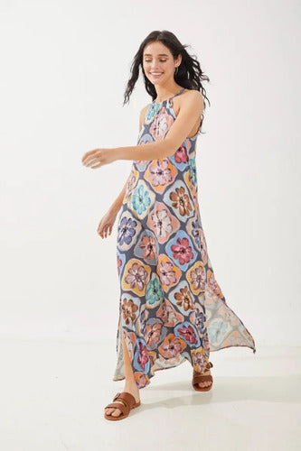 Vestido Largo Escote Halter Rimmel Azul Petróleo Floreado S