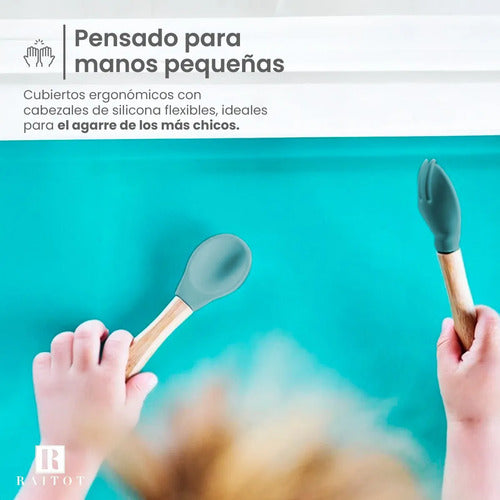 Set Cubiertos Alimentacion Bebe Silicona Plato Ventosas Color Celeste