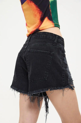 Short Jean Fringe Cher Mix De Mujer Algodón Negro 24