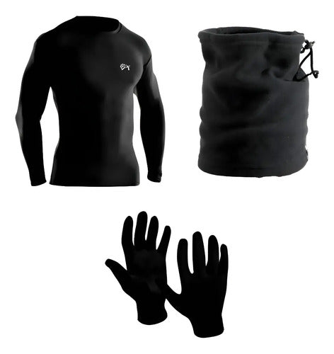 Kit Super Termico Frío Extremo Remera Guantes Cuello S Negro