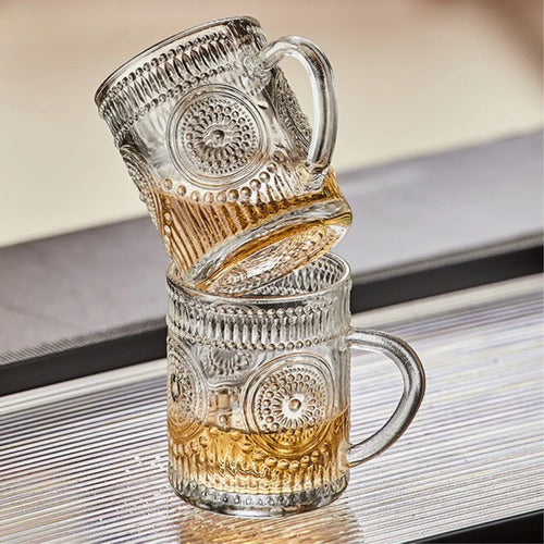Set X2 Tazas Vidrio Labrado Arabesco 250 Ml Vajilla Vintage
