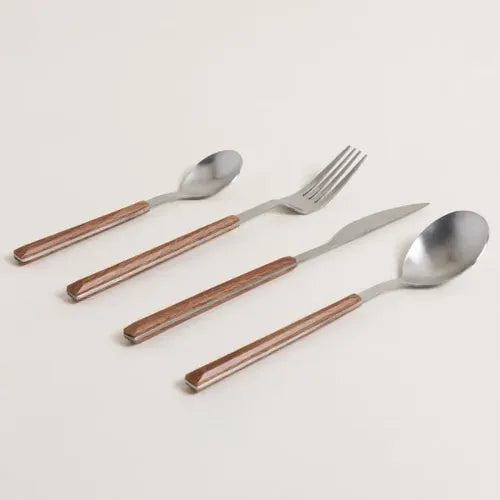 Set Cubiertos 16 Piezas Plateado Mango Símil Madera Lujo Plateado
