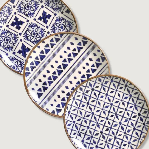 Platos Postre X6 Cerámica Beige C/deco Azteca Azul 20,5cm