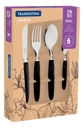 24 Cubiertos Tramontina Ipanema Acero Inox Pvc Negro Caja