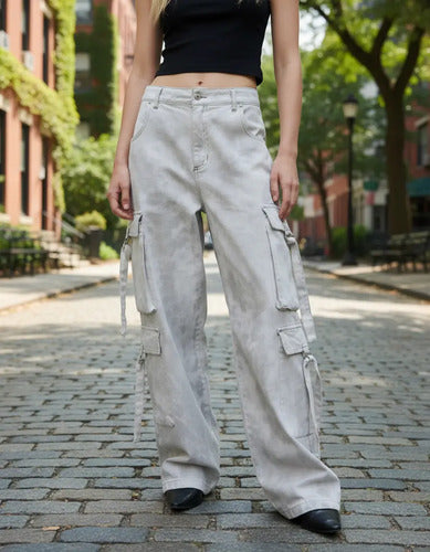 Jean Cargo Con Bolsillos Anchos Mujer Cher Mix Tiro Bajo
