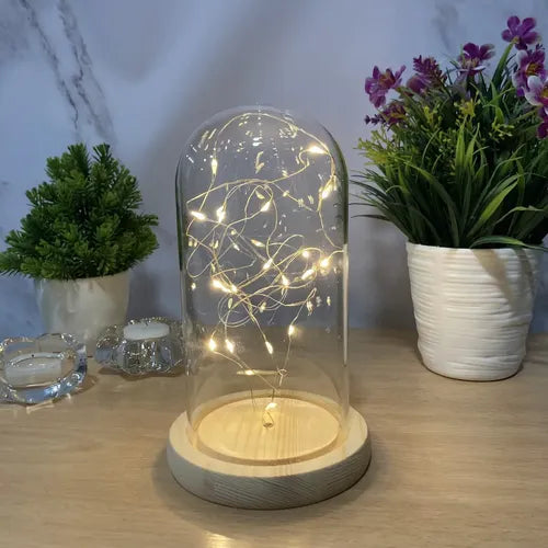 Lámpara De Mesa Hants Led Cúpula Vidrio Base Madera Luz Cálida A Pilas Marrón Transparente