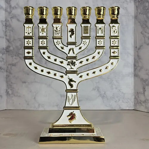 Menora De 7 Brazos Esmaltada Ateret Judaica Blanco 27 Cm Blanco