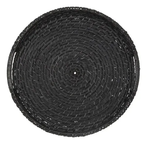 Bandeja Redonda De Bamboo Y Rattan Negro Con Asas Trendy Corner Negro L