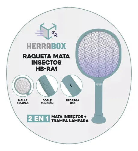 Raqueta Mata Mosquitos Moscas / Recargable + Cable Usb - 2 En 1 Con Funcion Trampa Turquesa