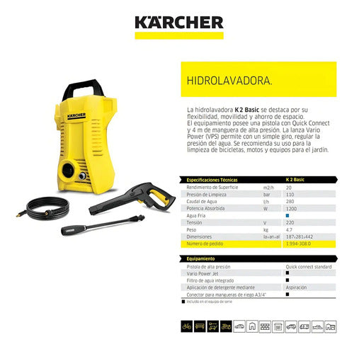 Hidrolavadora Eléctrica Kärcher Home & Garden K2 Basic Black 19943220 Amarillo De 1.4kw Con 110bar De Presión Máxima - 50hz/60hz 50 Hz/60 Hz