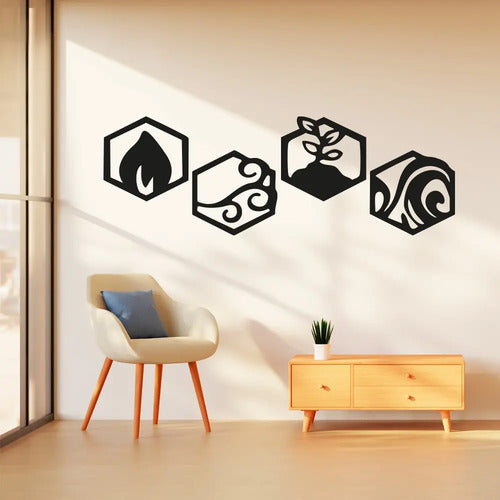 Cuadro Artesanal 4 Elementos Hexagonos Calado Mdf 20x80cm