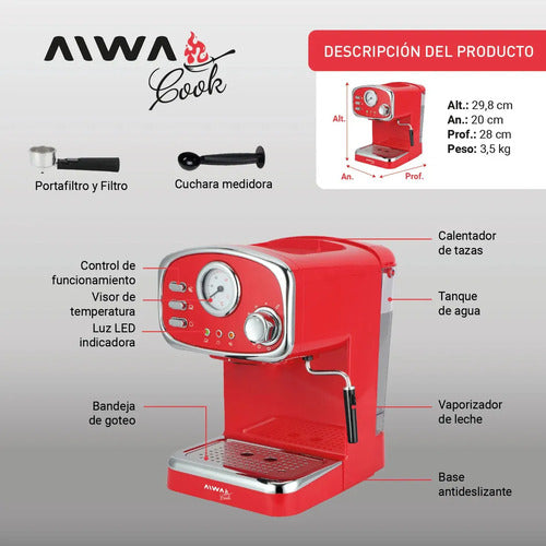 Cafetera Espresso Estilo Vintage Aiwa 1,25 L Con Vaporizador Color Rojo